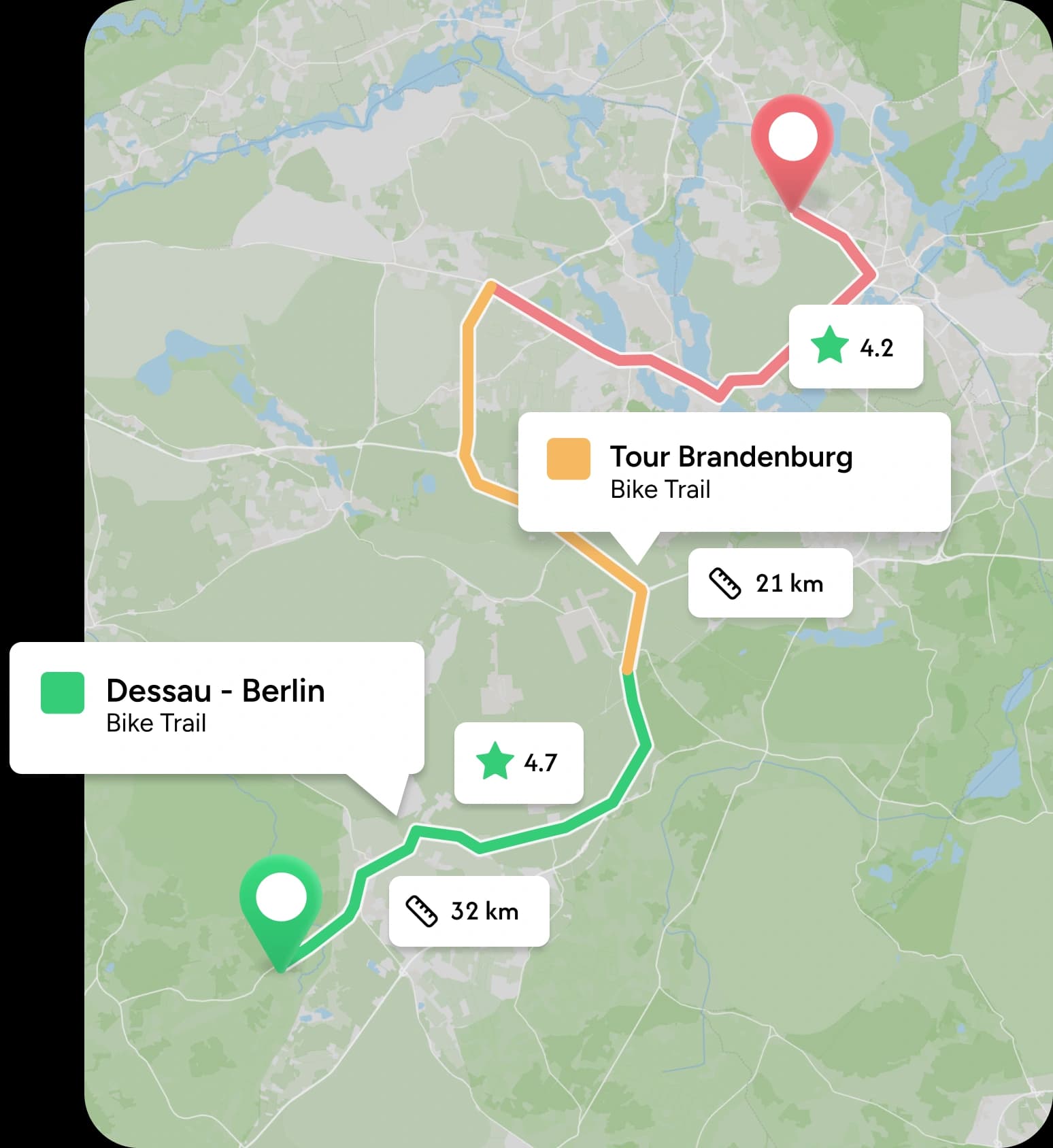 A map showing a bike route with bike trails highlighted